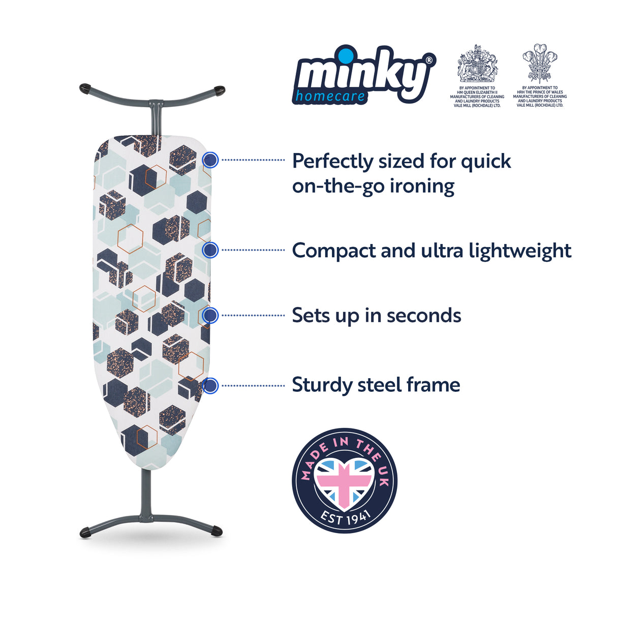 Minky Ironing Board - Xpress, Compact Ironing Board Cover Included 97 x 33cm