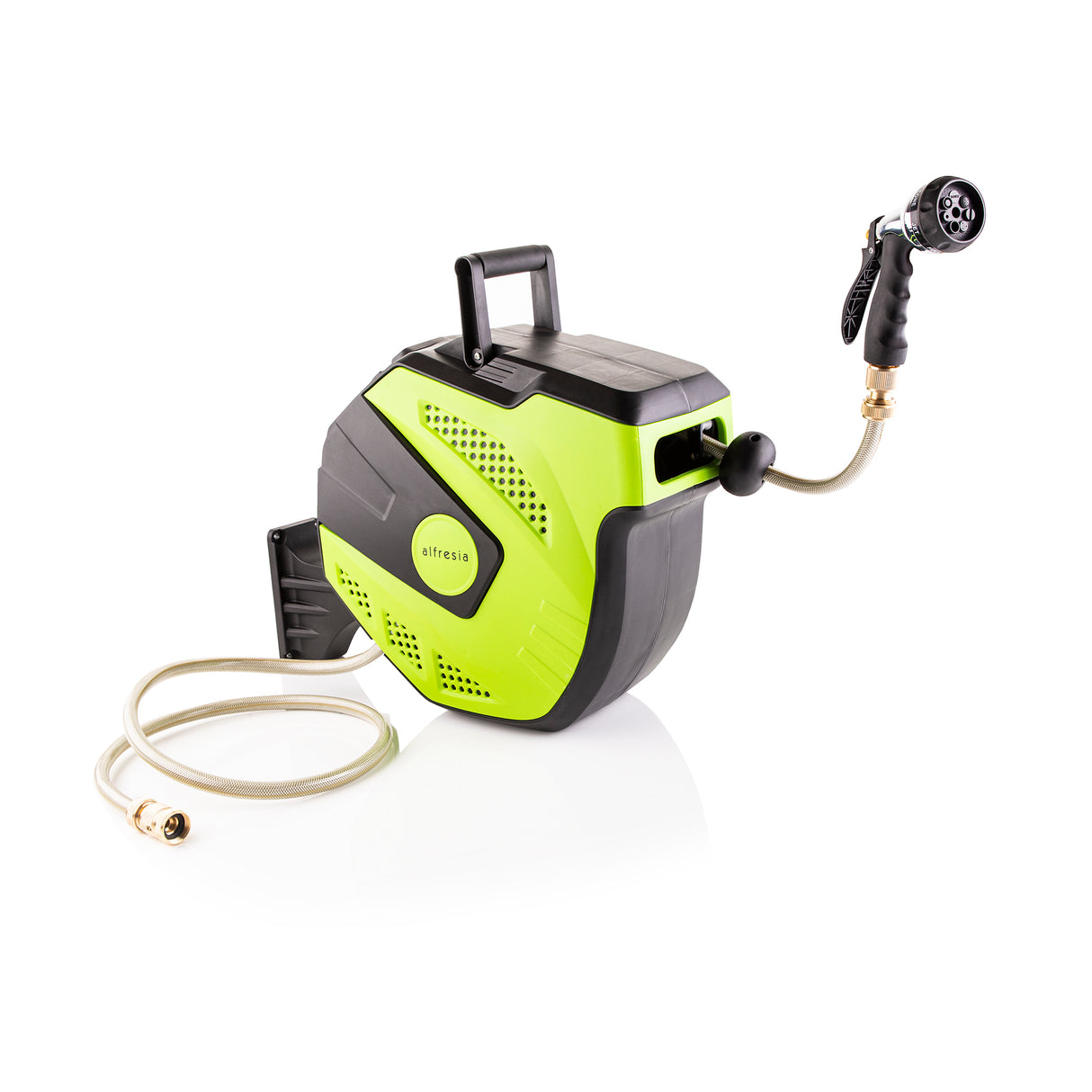 Alfresia 15m Garden Hose Reel, Wall Mounted Hose Reel with Spray Gun & Brass Attachments
