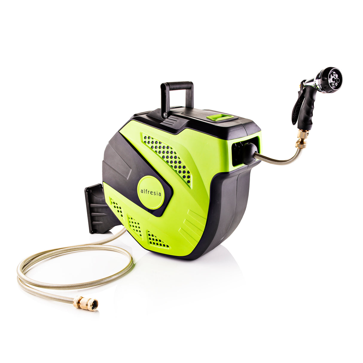 Alfresia 15m Garden Hose Reel, Wall Mounted Hose Reel with Spray Gun & Brass Attachments