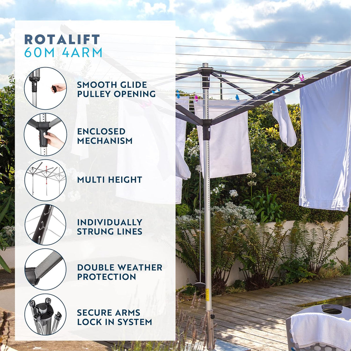 Minky Rotary Airer, 60m 4 Arm Airer with Cover and Soil Spike